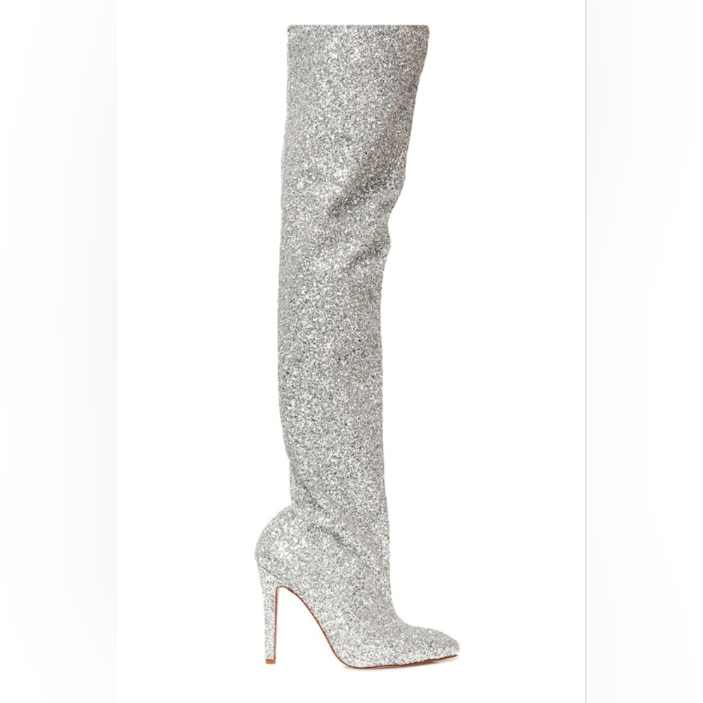 Womens Shoe Size 5.5 Silver Sparkly Thigh High Heels Pointed Toe Stiletto Boots